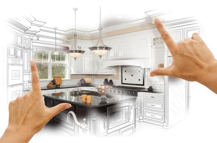 A kitchen renovation design with an open floor plan, featuring a large island and modern appliances in Carrollton